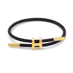 Black Braided Cable Bracelet with Gold H Accent